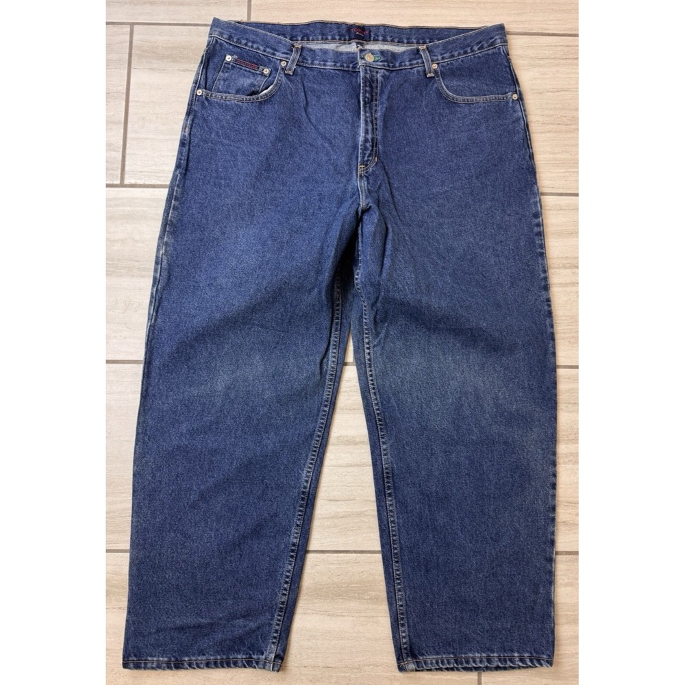 Vintage Tommy Hilfiger Jeans Mens‎ 42x30 Blue Flag Logo Baggy Skater FREEDOM Y2K